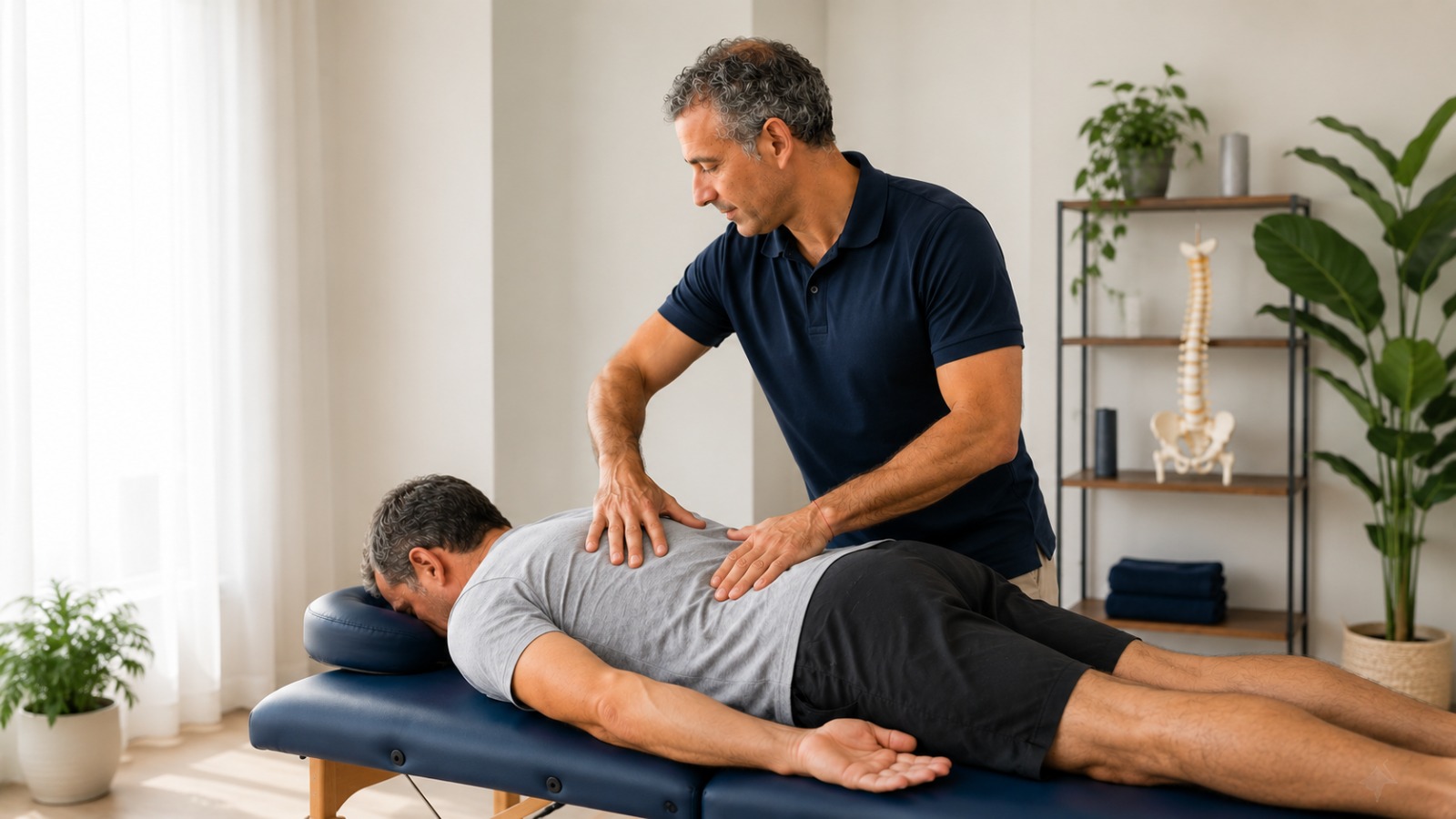Dr. Samir Sweiti treating a patient's back during a home physiotherapy session